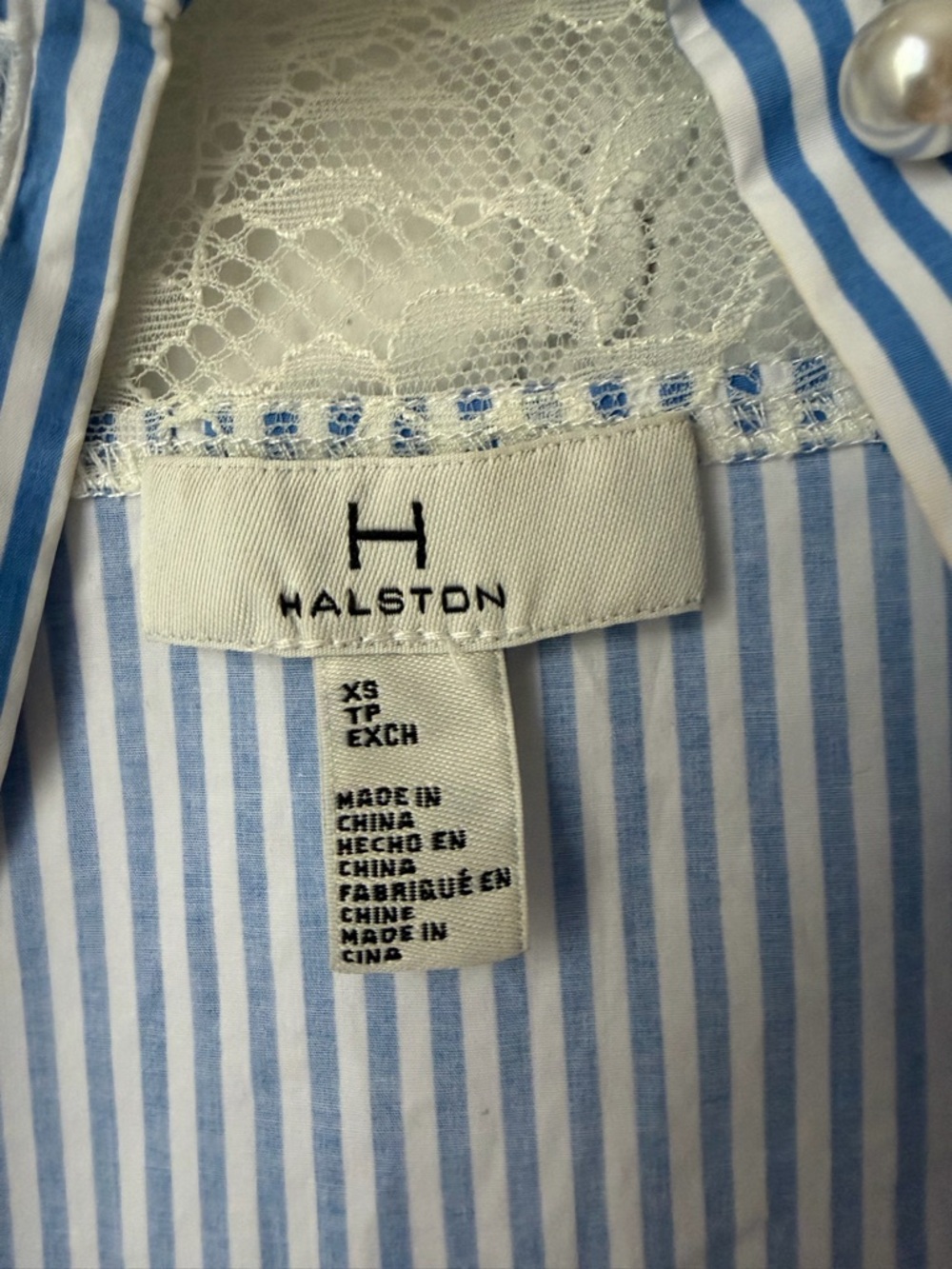 HALSTON Blue & White Striped Puff Sleeve Blouse with Lace Trim & Pearl Buttons - Picture 3 of 6